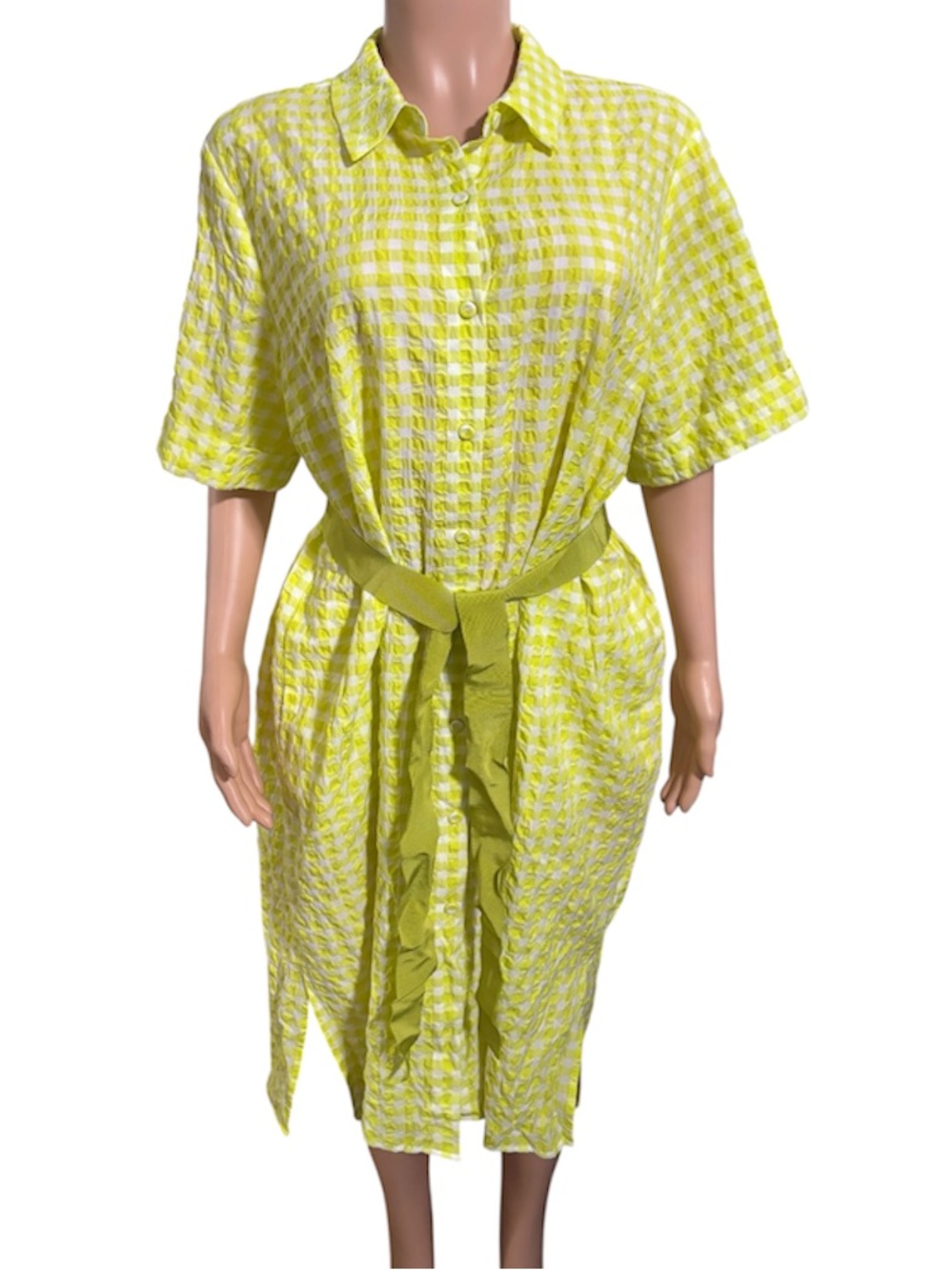 NWT PERSONA by Marina Rinaldi Women’s Yellow Gingham Midi Shirt Dress with Belt - Picture 4 of 16